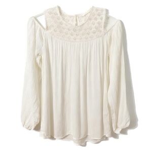 H&M Boho Cold Shoulder Blouse Lace Accents Keyhole Billowy Sleeves Round Neck
